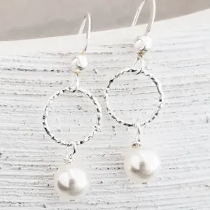 Silver Diamond Cut w/Crystal Pearls Earrings- White