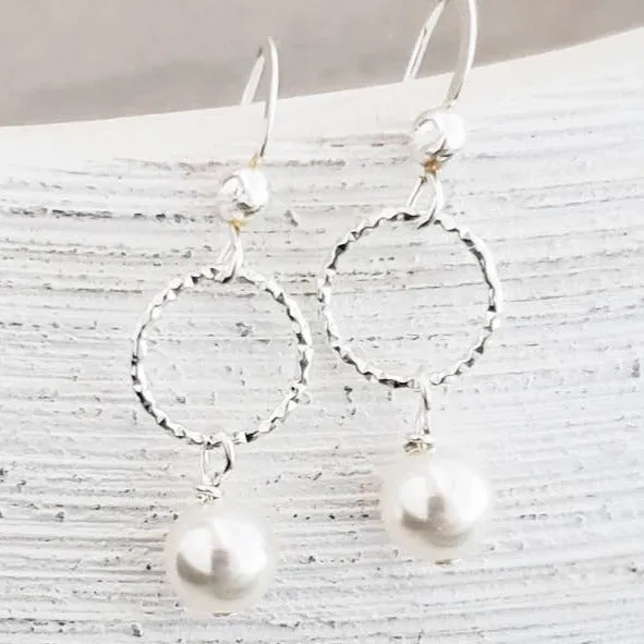 Silver Diamond Cut w/Crystal Pearls Earrings- White