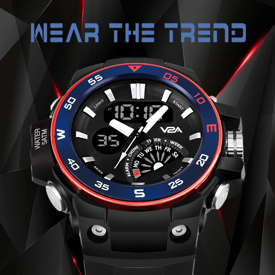 V2A Analog Digital 5ATM Waterproof Sports Watch with Backlight Alarm Snooze Stopwatch for Men (Black Dial with Black Strap)