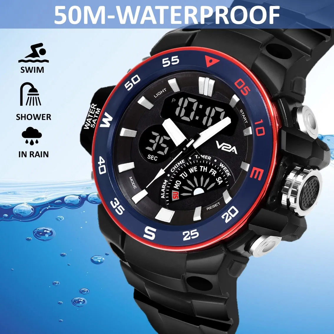 V2A Analog Digital 5ATM Waterproof Sports Watch with Backlight Alarm Snooze Stopwatch for Men (Black Dial with Black Strap)