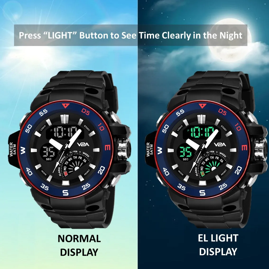 V2A Analog Digital 5ATM Waterproof Sports Watch with Backlight Alarm Snooze Stopwatch for Men (Black Dial with Black Strap)
