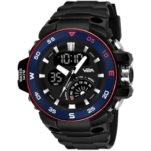 V2A Analog Digital 5ATM Waterproof Sports Watch with Backlight Alarm Snooze Stopwatch for Men (Black Dial with Black Strap)