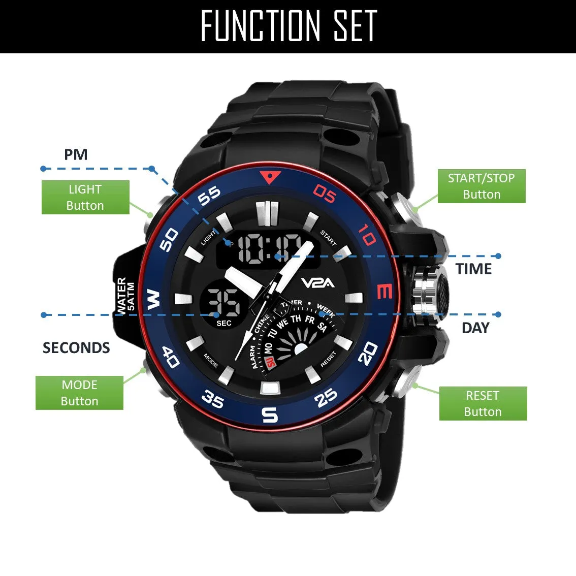 V2A Analog Digital 5ATM Waterproof Sports Watch with Backlight Alarm Snooze Stopwatch for Men (Black Dial with Black Strap)