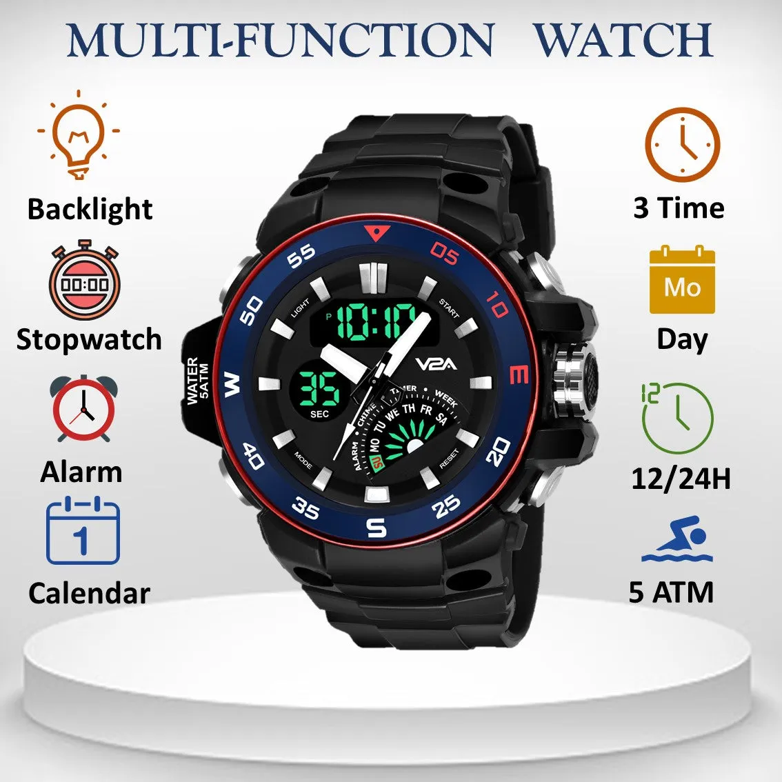 V2A Analog Digital 5ATM Waterproof Sports Watch with Backlight Alarm Snooze Stopwatch for Men (Black Dial with Black Strap)