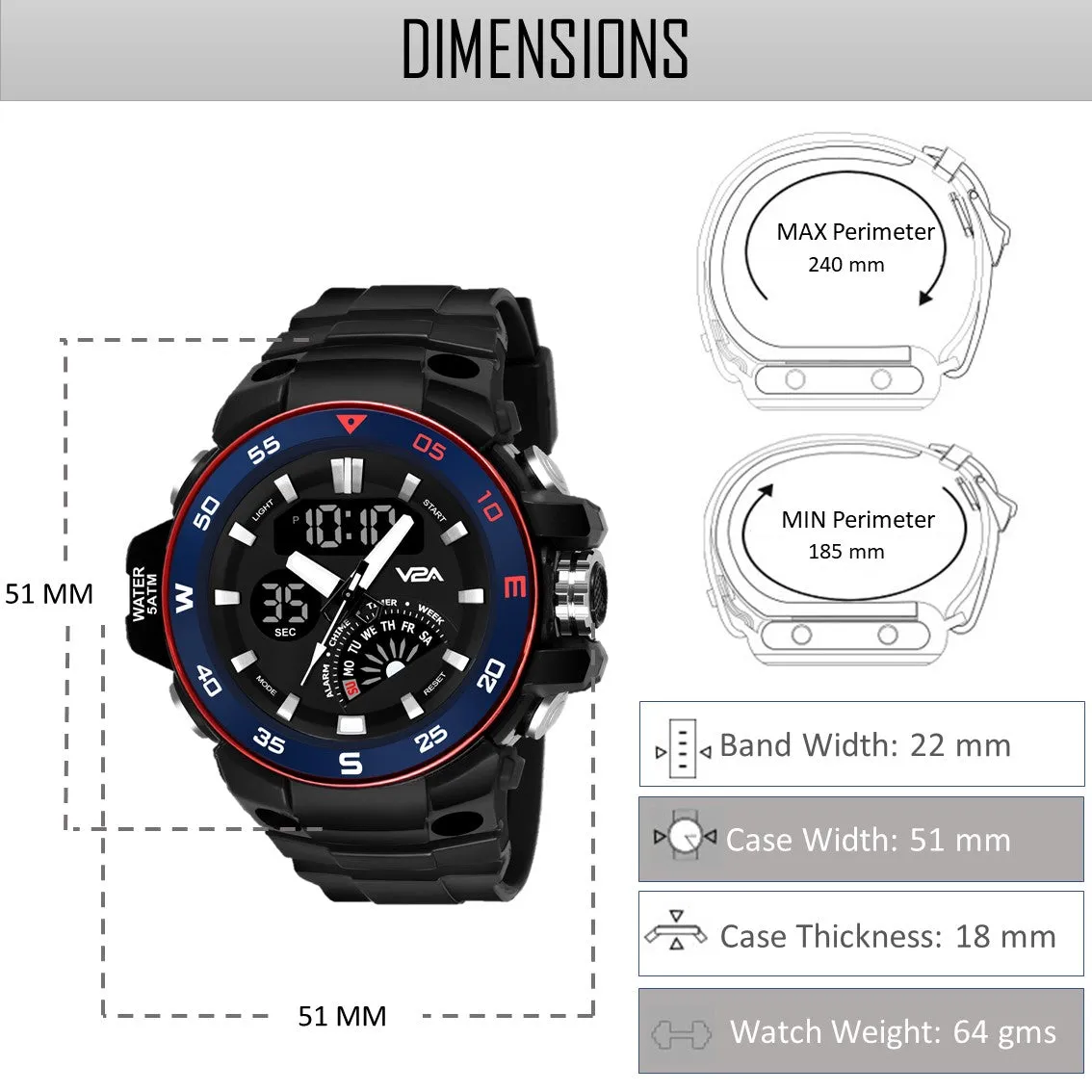 V2A Analog Digital 5ATM Waterproof Sports Watch with Backlight Alarm Snooze Stopwatch for Men (Black Dial with Black Strap)