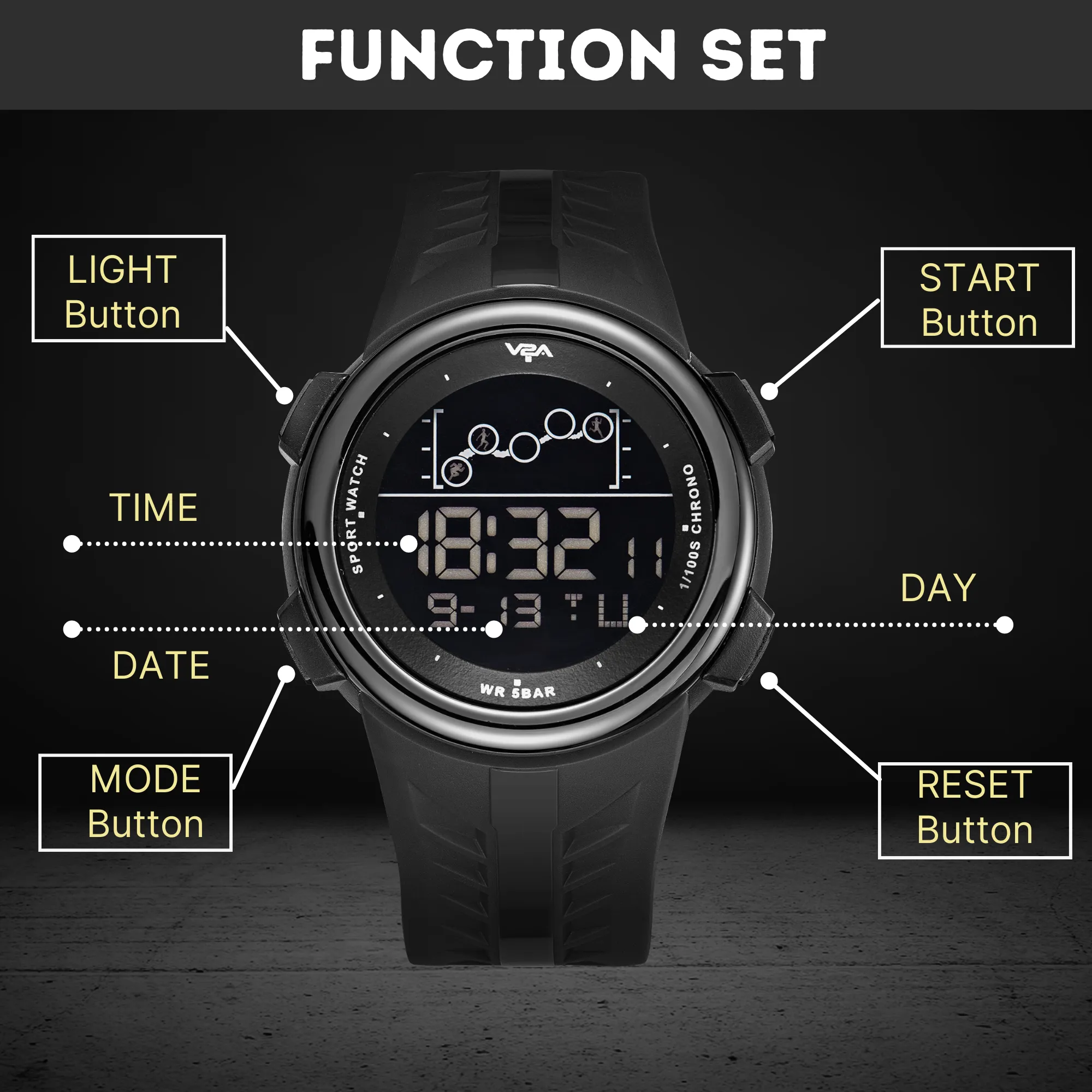 V2A Digital 5ATM Waterproof Sports Watch for Men with Stopwatch, Backlight and Alarm | Dial Size - 47 mm