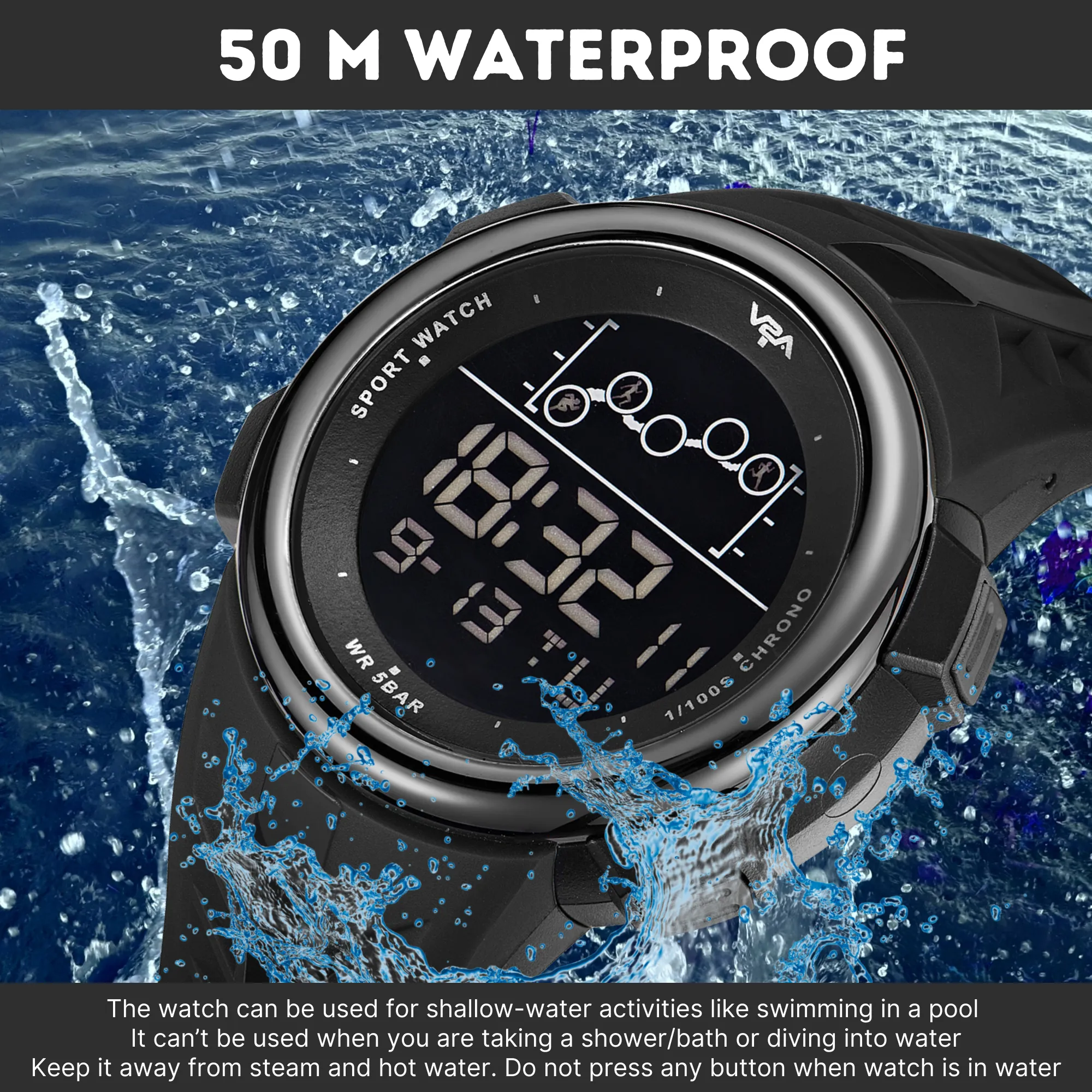 V2A Digital 5ATM Waterproof Sports Watch for Men with Stopwatch, Backlight and Alarm | Dial Size - 47 mm