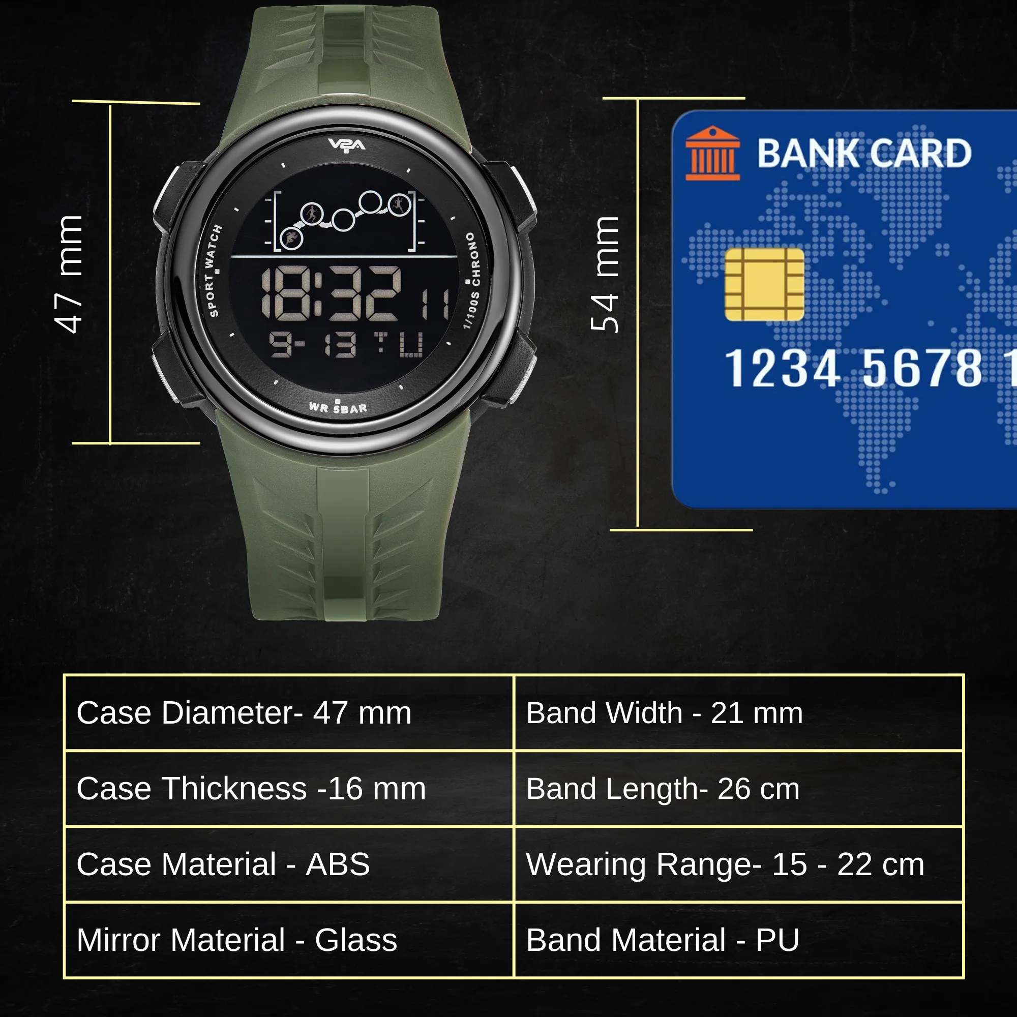 V2A Digital 5ATM Waterproof Sports Watch for Men with Stopwatch, Backlight and Alarm | Dial Size - 47 mm