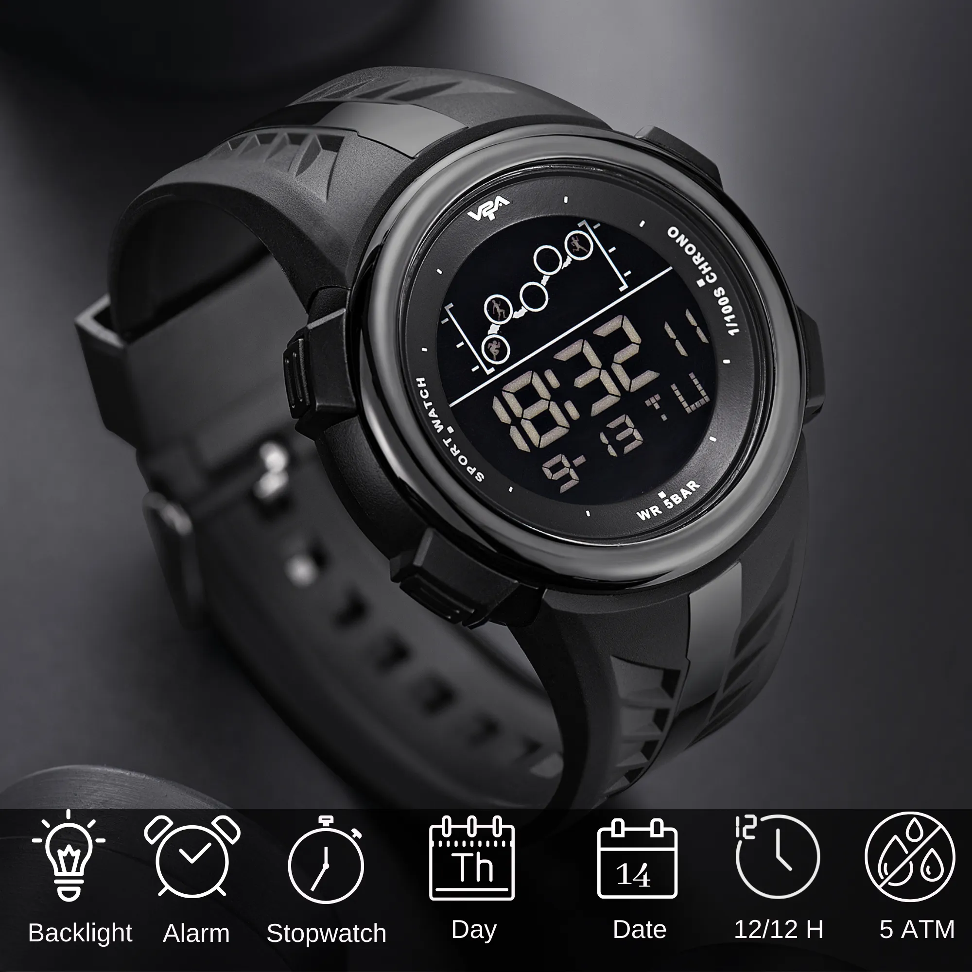 V2A Digital 5ATM Waterproof Sports Watch for Men with Stopwatch, Backlight and Alarm | Dial Size - 47 mm