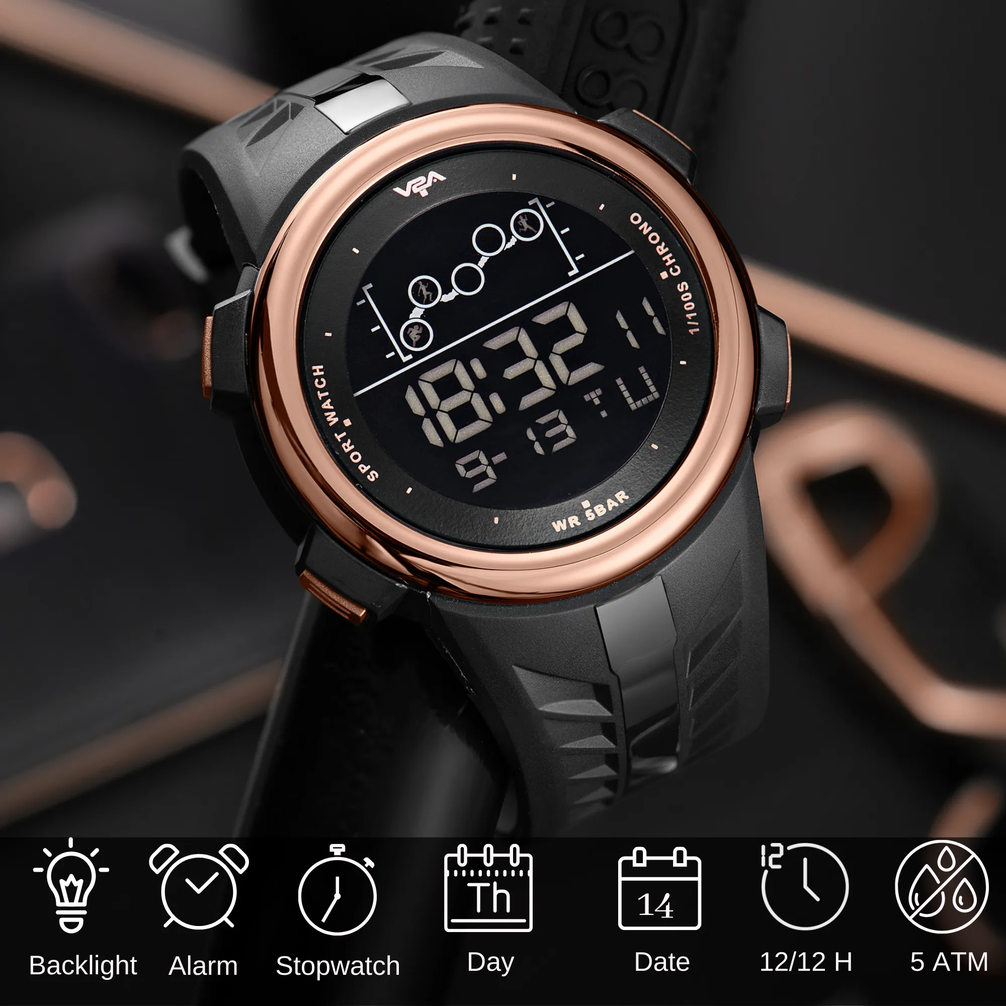 V2A Digital 5ATM Waterproof Sports Watch for Men with Stopwatch, Backlight and Alarm | Dial Size - 47 mm