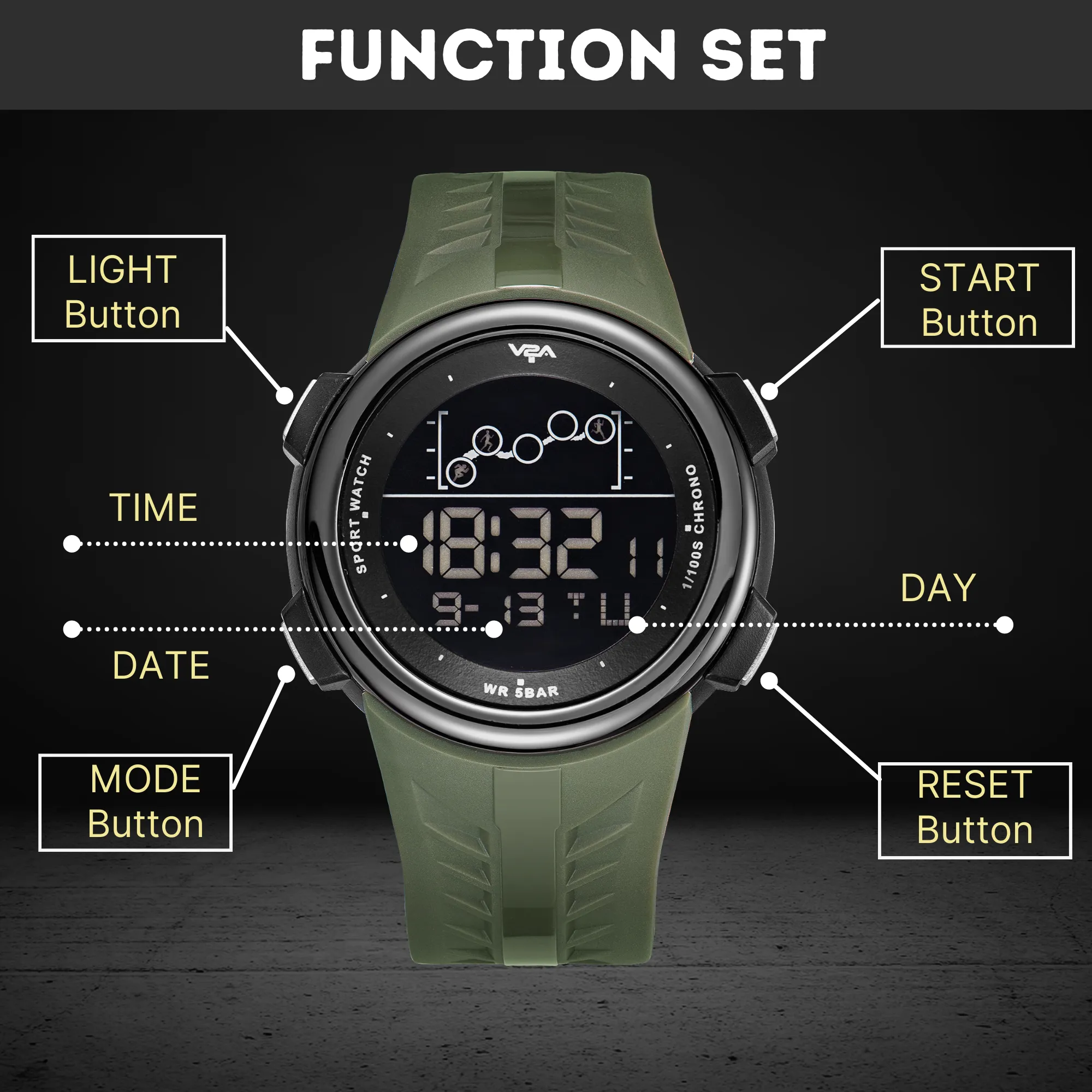V2A Digital 5ATM Waterproof Sports Watch for Men with Stopwatch, Backlight and Alarm | Dial Size - 47 mm