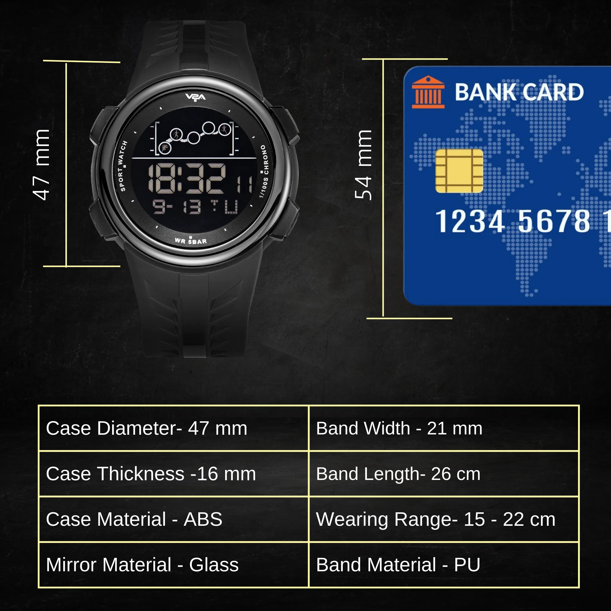 V2A Digital 5ATM Waterproof Sports Watch for Men with Stopwatch, Backlight and Alarm | Dial Size - 47 mm