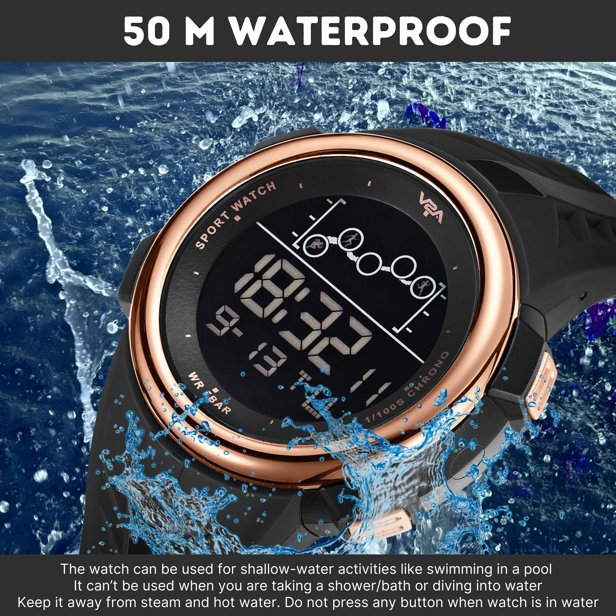 V2A Digital 5ATM Waterproof Sports Watch for Men with Stopwatch, Backlight and Alarm | Dial Size - 47 mm
