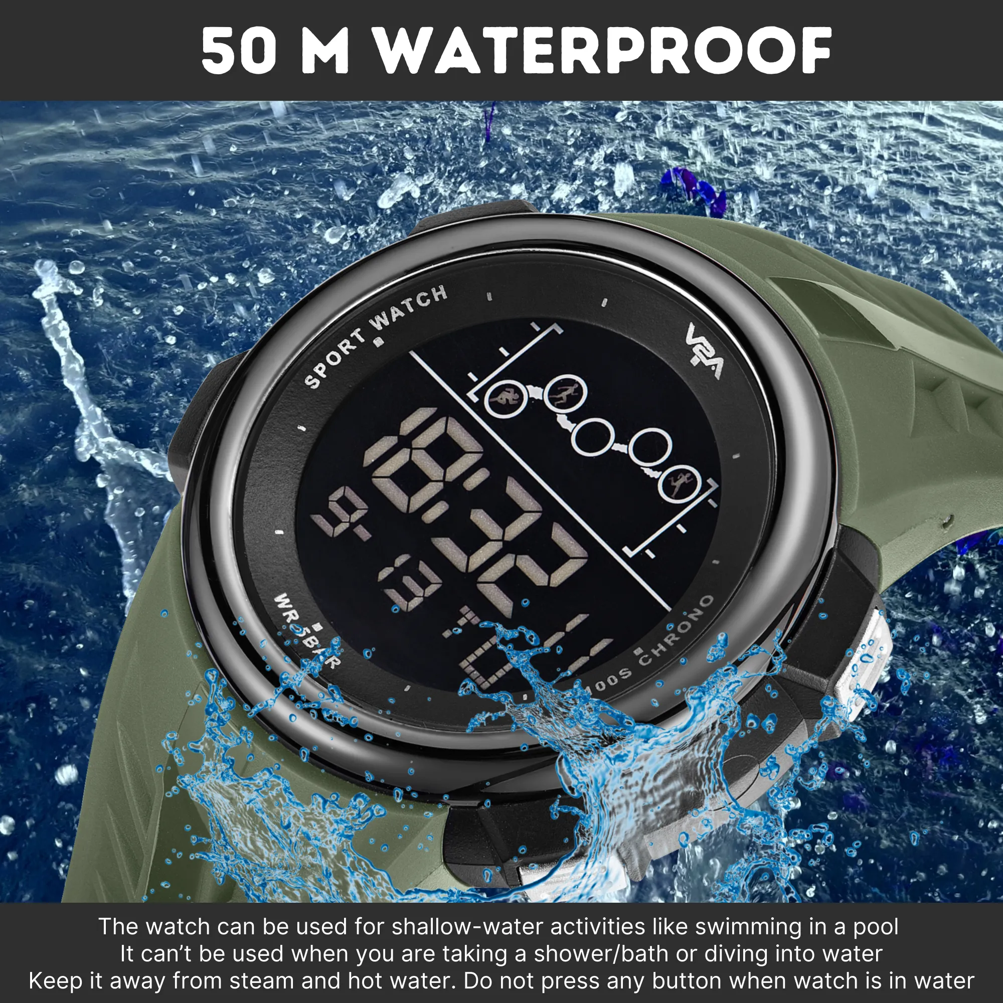 V2A Digital 5ATM Waterproof Sports Watch for Men with Stopwatch, Backlight and Alarm | Dial Size - 47 mm
