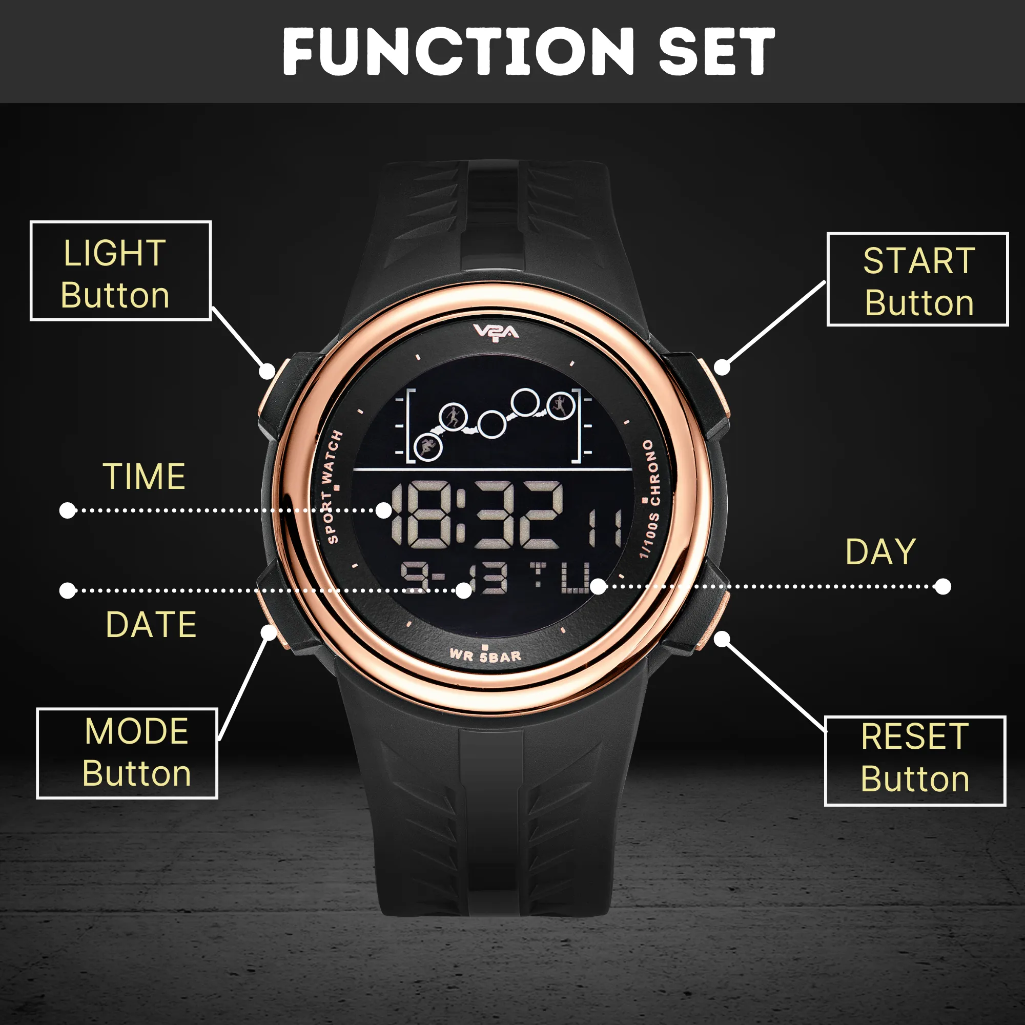 V2A Digital 5ATM Waterproof Sports Watch for Men with Stopwatch, Backlight and Alarm | Dial Size - 47 mm