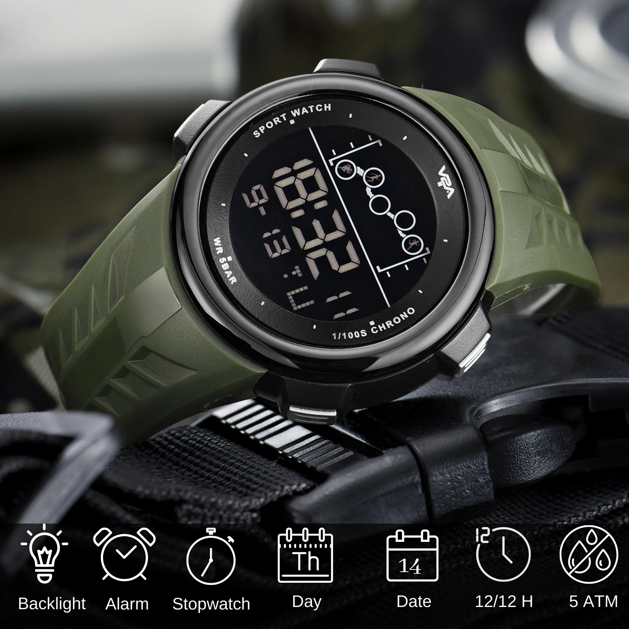 V2A Digital 5ATM Waterproof Sports Watch for Men with Stopwatch, Backlight and Alarm | Dial Size - 47 mm