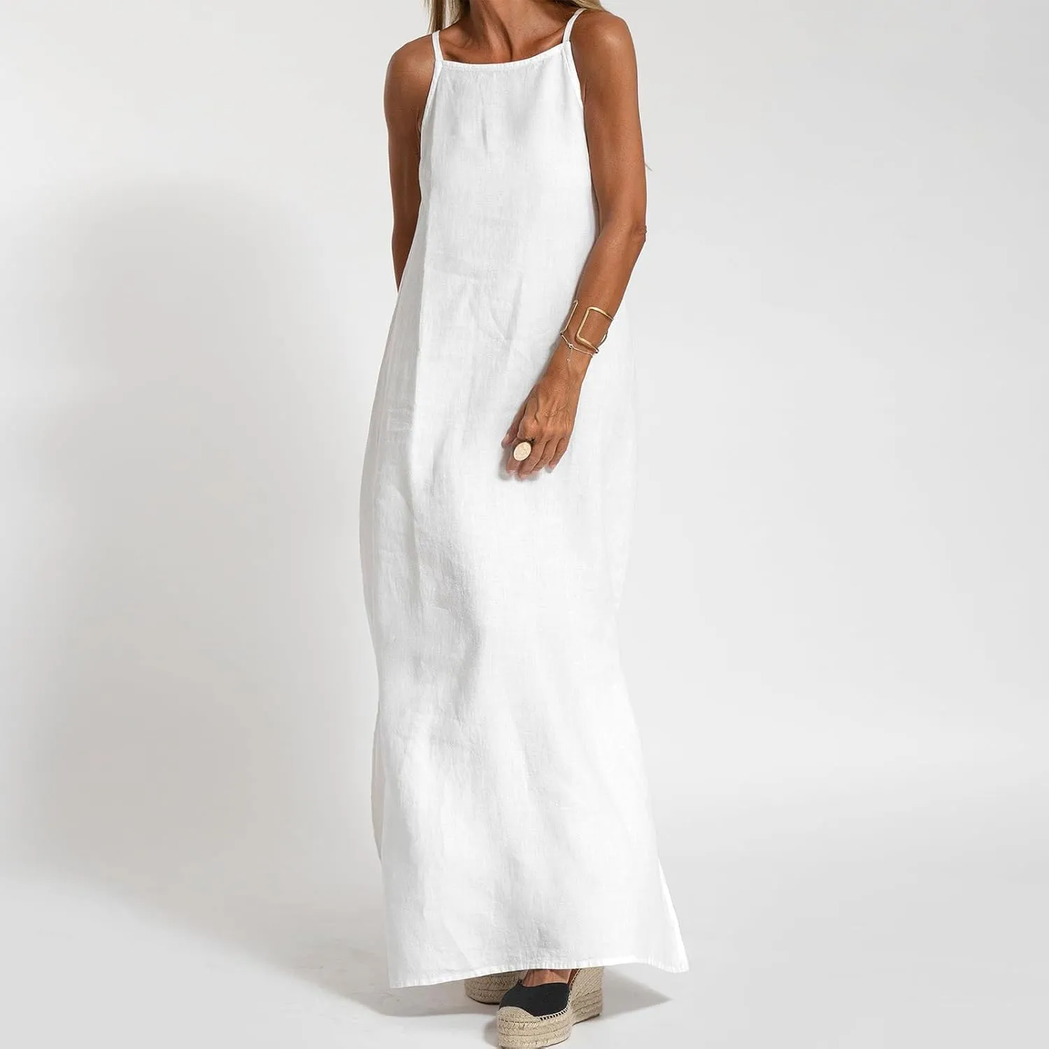 Women's Summer Cotton Linen Sleeveless Spaghetti Strap Maxi Dress Casual Loose Beach Vcation Slit Long Sundress