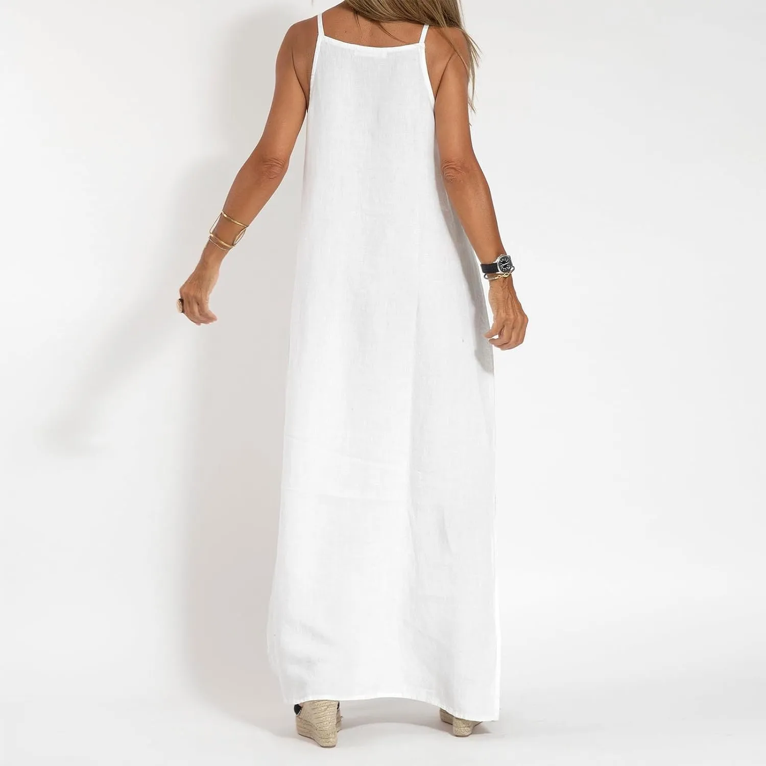 Women's Summer Cotton Linen Sleeveless Spaghetti Strap Maxi Dress Casual Loose Beach Vcation Slit Long Sundress