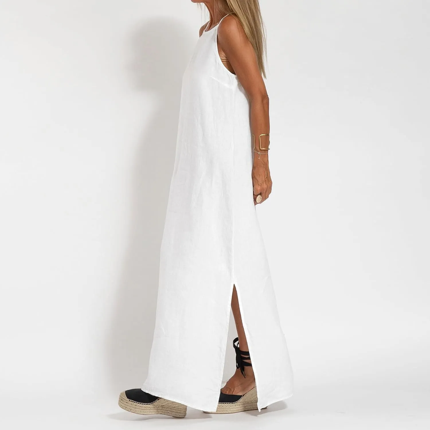 Women's Summer Cotton Linen Sleeveless Spaghetti Strap Maxi Dress Casual Loose Beach Vcation Slit Long Sundress