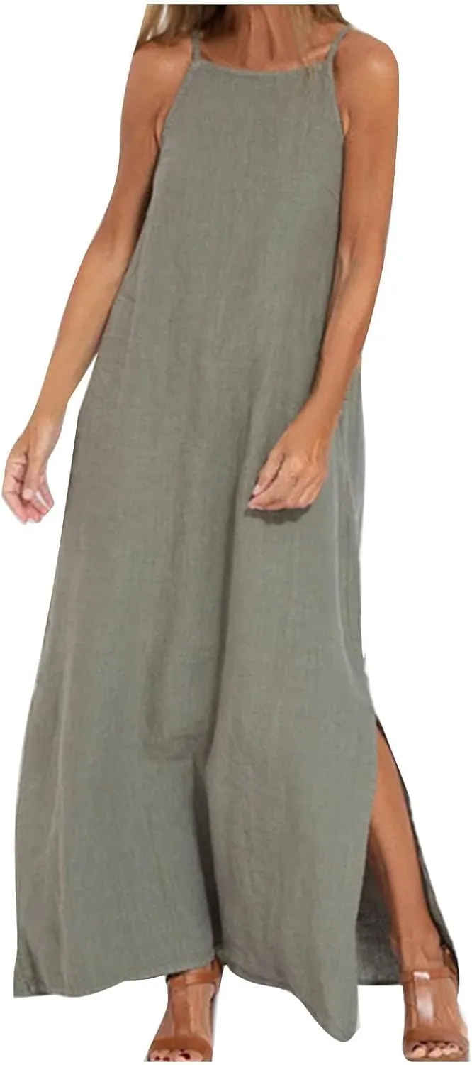 Women's Summer Cotton Linen Sleeveless Spaghetti Strap Maxi Dress Casual Loose Beach Vcation Slit Long Sundress